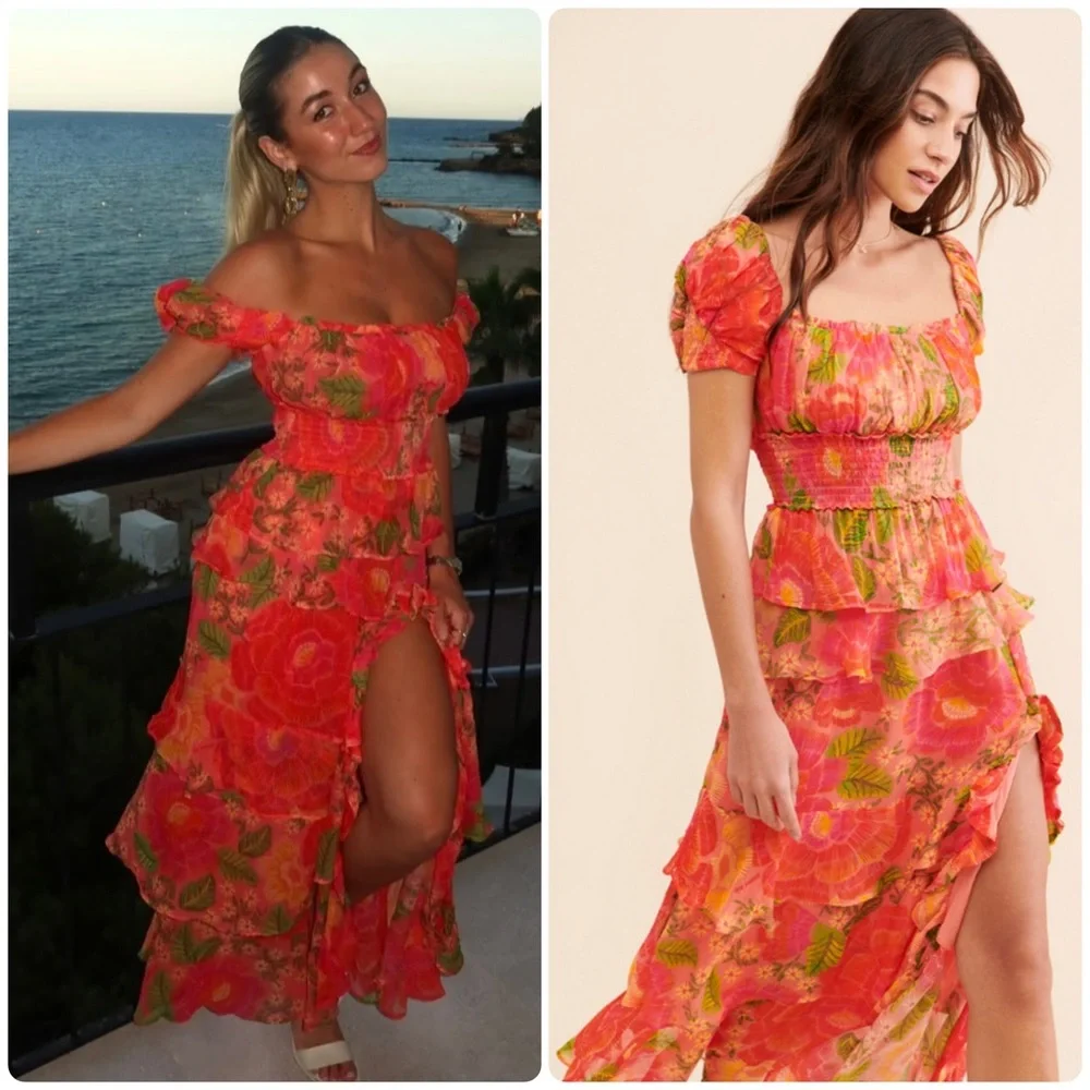 Farm Rio Blooming Floral Maxi Dress XS Smocked Puff Sleeve NWT - Picture 7 of 16